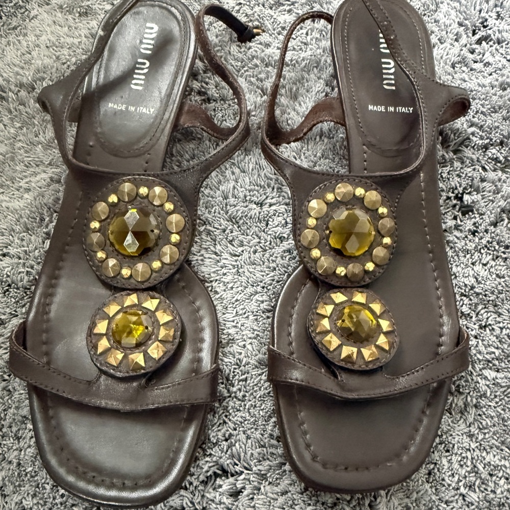 Vintage Miu Miu Dark Brown Sandals with Gold Accents